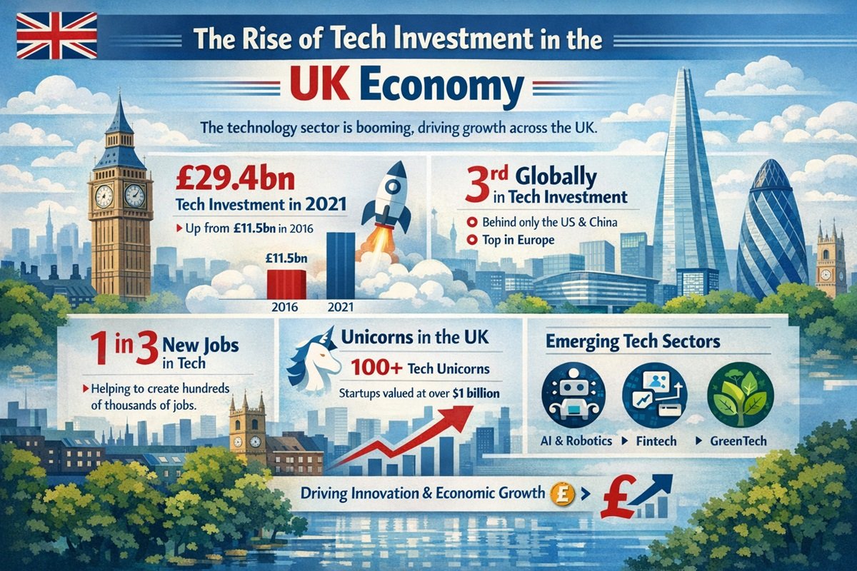 The rise of tech investment in the UK economy showing digital innovation fintech AI and startup growth
