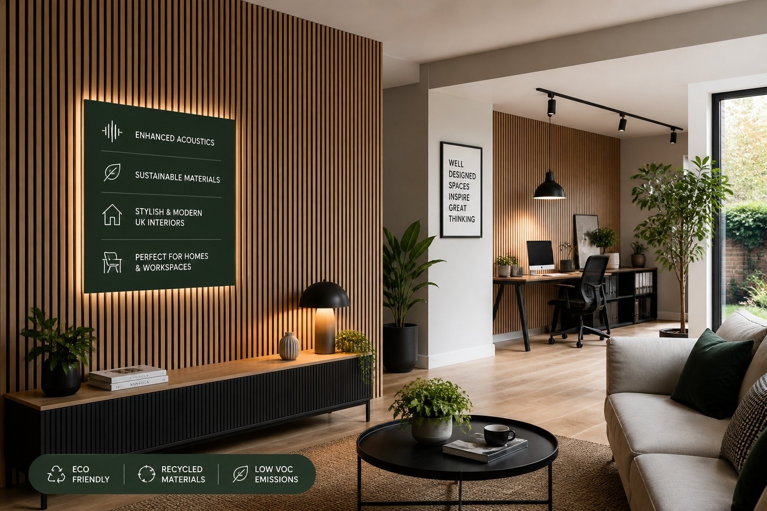 Modern acoustic slat wall panel in UK interior design showcasing sound absorption, wooden texture and sustainable materials