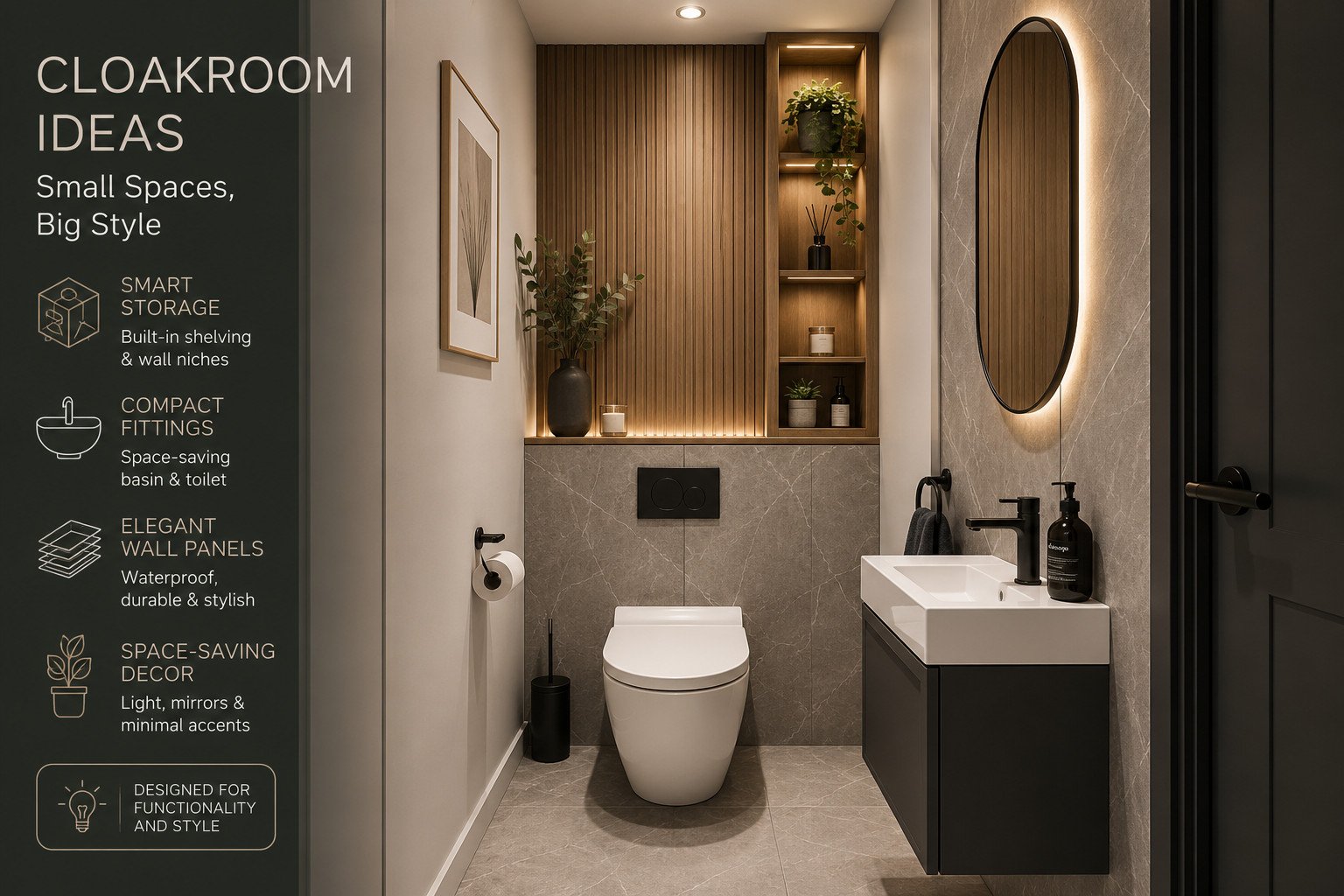 Modern cloakroom design ideas for small, tiny, and narrow bathroom spaces with stylish storage and space-saving layout