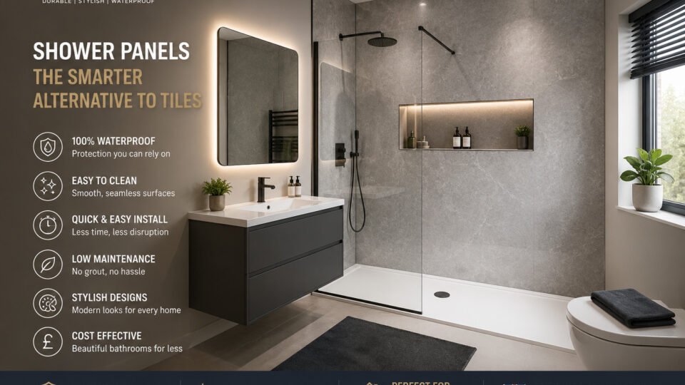 Modern UK bathroom with Floors to Walls shower panels replacing traditional wall tiles