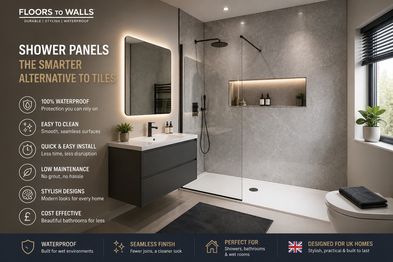 Modern UK bathroom with Floors to Walls shower panels replacing traditional wall tiles
