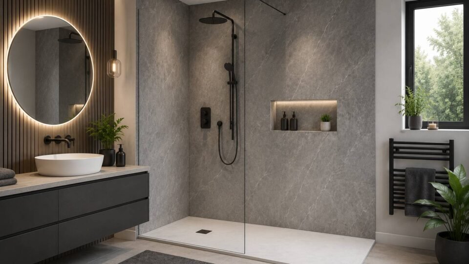 Modern waterproof shower board panels installed in a stylish contemporary UK bathroom