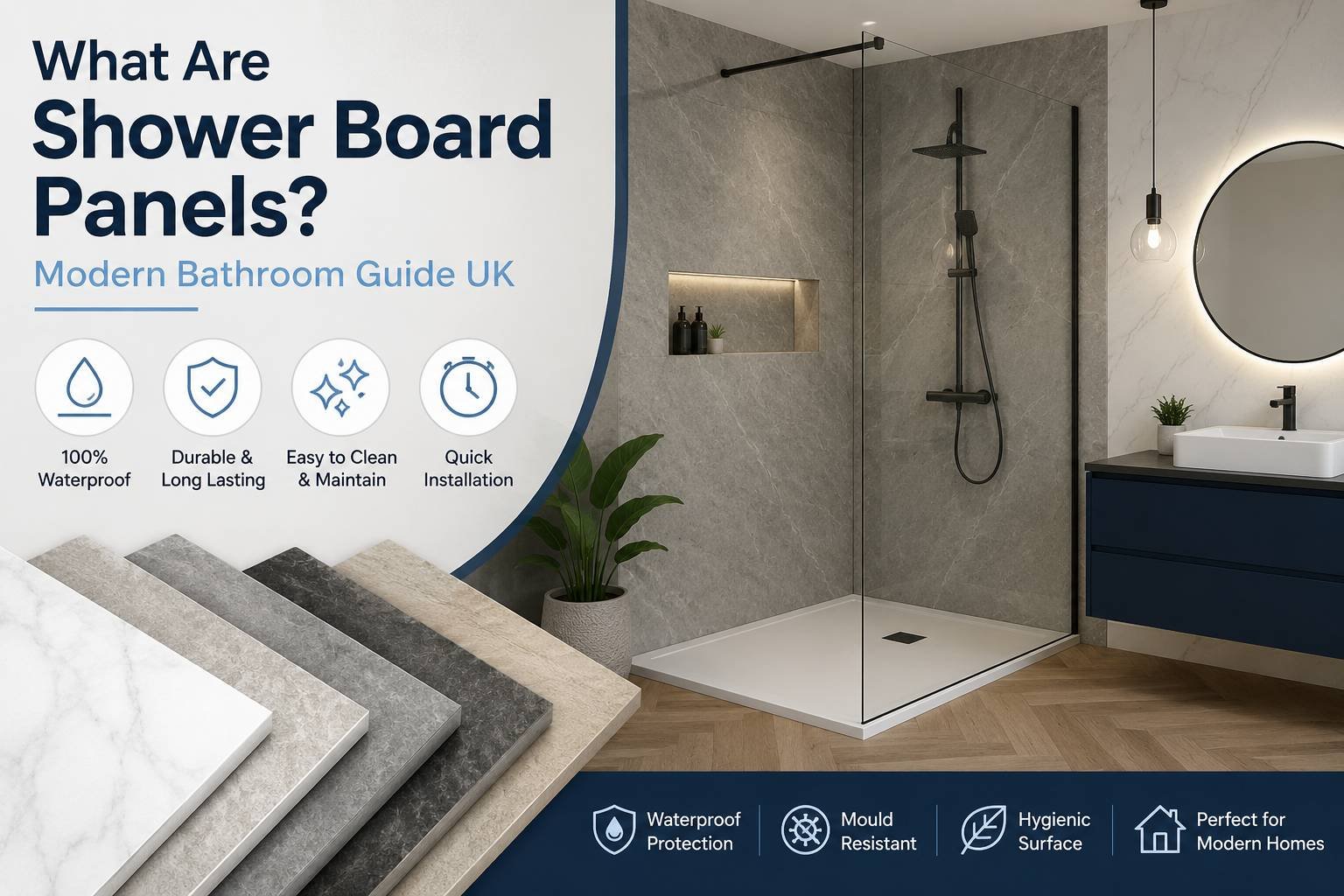 Modern bathroom with waterproof shower board panels installed on shower walls