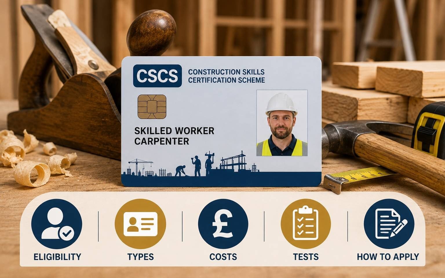 Carpenter holding a Carpenter CSCS Card at a UK construction site entrance