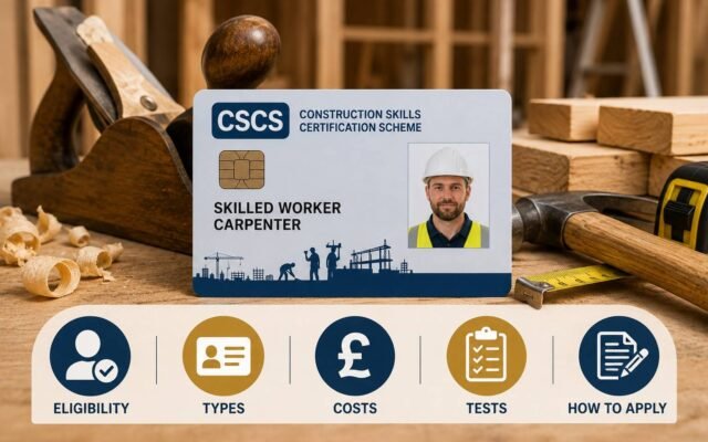 Carpenter holding a Carpenter CSCS Card at a UK construction site entrance