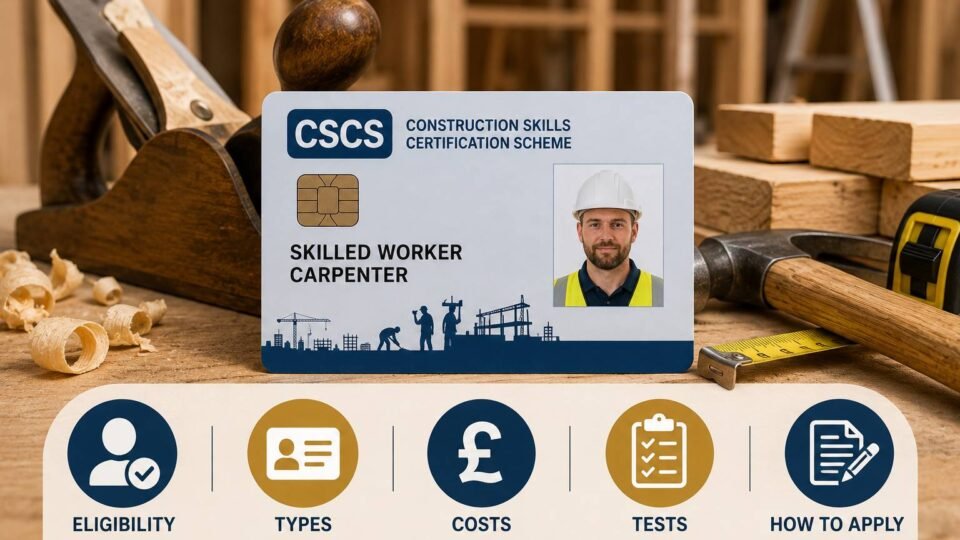Carpenter holding a Carpenter CSCS Card at a UK construction site entrance