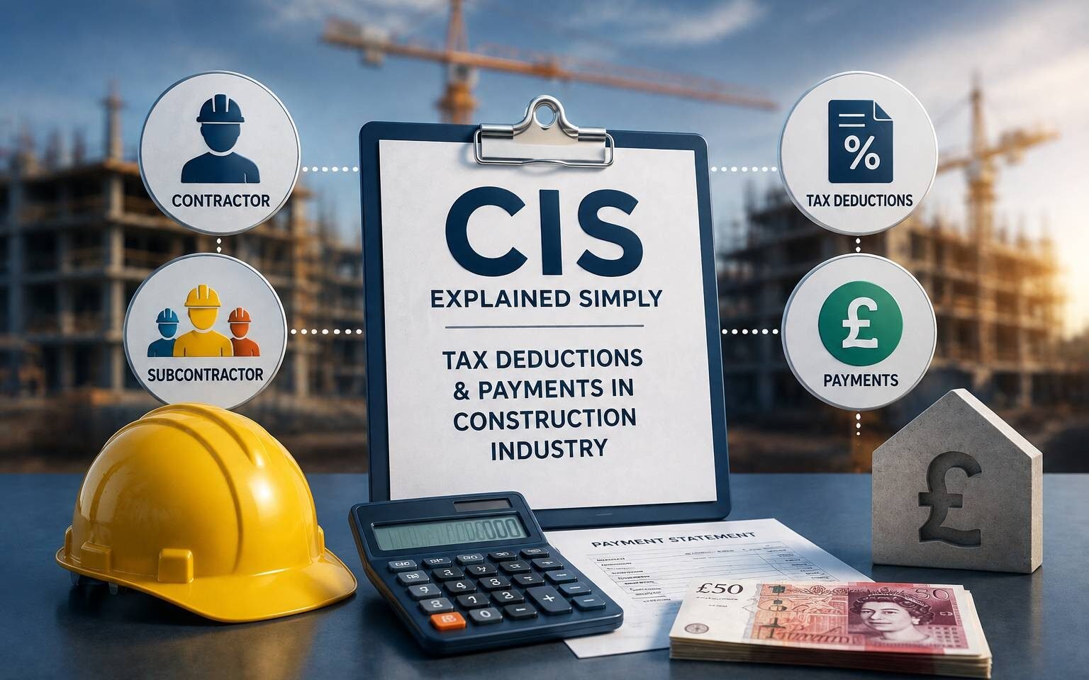 UK construction site supervisor reviewing CIS payment statements and subcontractor invoices on a clipboard