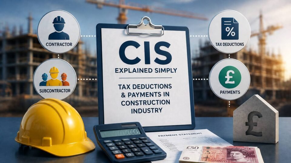 UK construction site supervisor reviewing CIS payment statements and subcontractor invoices on a clipboard