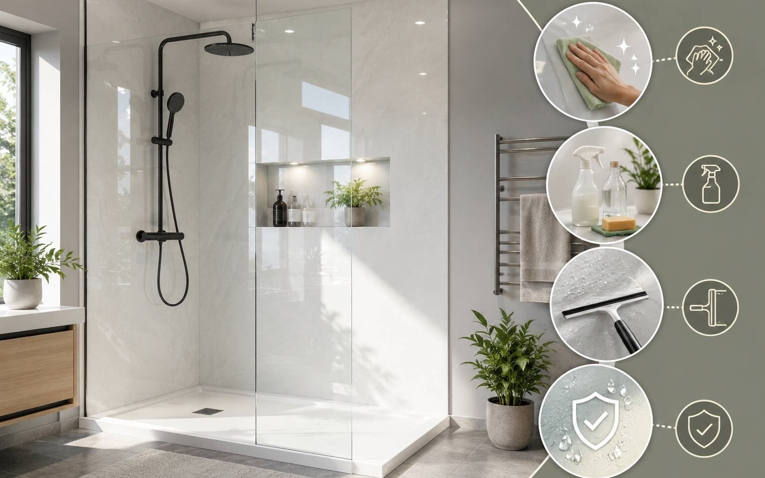 Cleaning and maintaining acrylic shower panels in a modern UK bathroom to keep them looking new for years