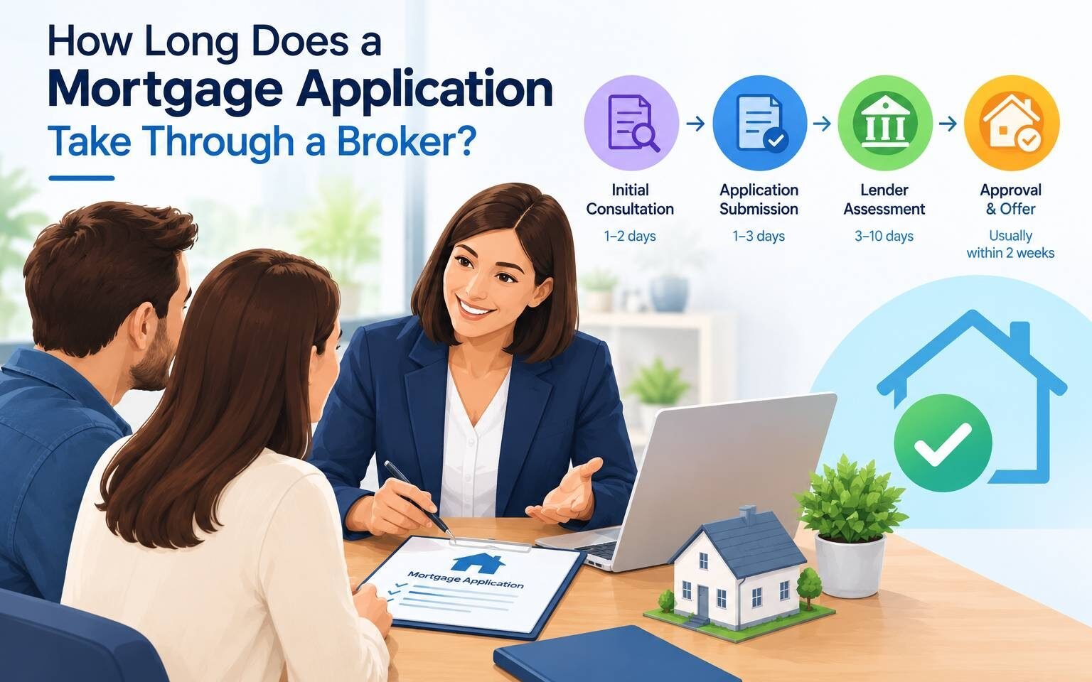 Couple reviewing mortgage application documents with a broker at a table