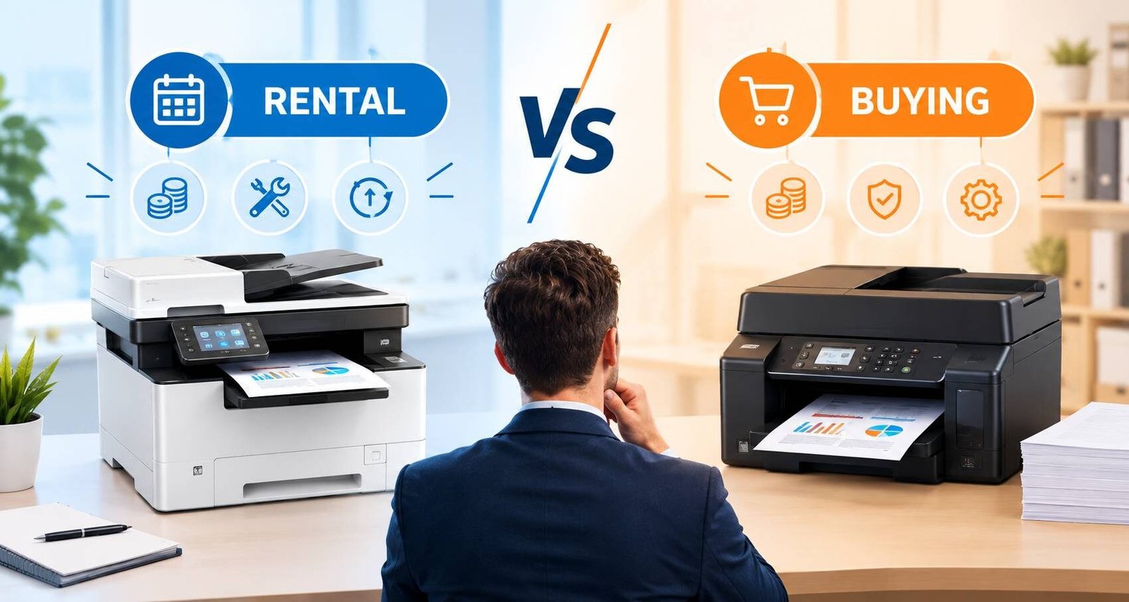 Office worker collecting documents from a multifunction printer in a UK business office
