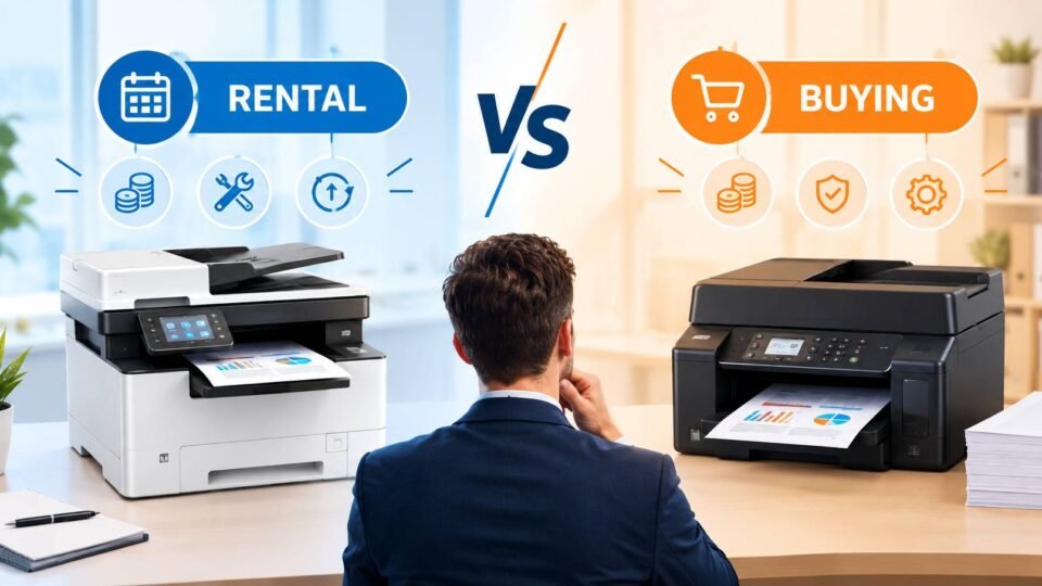 Office worker collecting documents from a multifunction printer in a UK business office