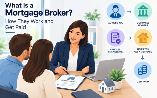 Mortgage broker explaining home loan options to a couple at a desk